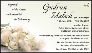 Traueranzeige von Gudrun Malsch von Südthüringer Presse