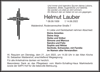 Traueranzeige von Helmut Lauber von Frankenpost