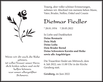 Traueranzeige von Dietmar Fiedler von Südthüringer Presse