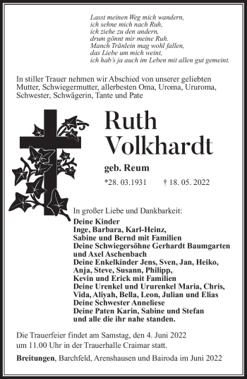 Traueranzeige von Ruth Volkhardt von Südthüringer Presse