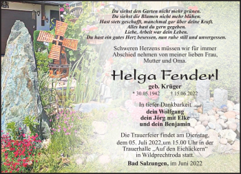 Traueranzeige von Helga Fenderl von Südthüringer Presse