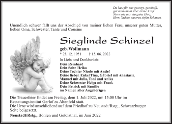 Traueranzeige von Sieglinde Schinzel von Südthüringer Presse