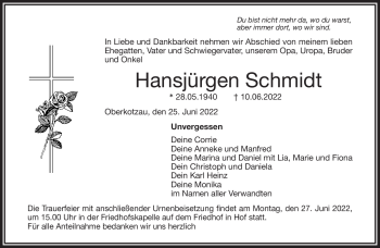 Traueranzeige von Hansjürgen Schmidt von Frankenpost