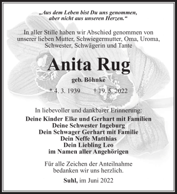 Traueranzeige von Anita Rug von Südthüringer Presse