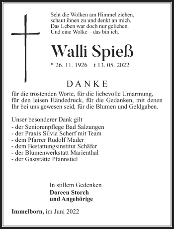 Traueranzeige von Walli Spieß von Südthüringer Presse