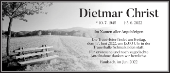 Traueranzeige von Dietmar Christ von Südthüringer Presse
