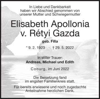 Traueranzeige von Appolonia Elisabeth von Rétyi Gazda von Neue Presse Coburg