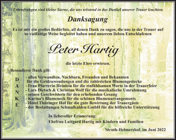Traueranzeige von Peter Hartig von Südthüringer Presse