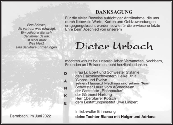 Traueranzeige von Dieter Urbach von Südthüringer Presse
