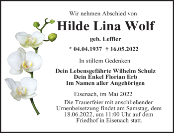 Traueranzeige von Hilde Wolf von Südthüringer Presse