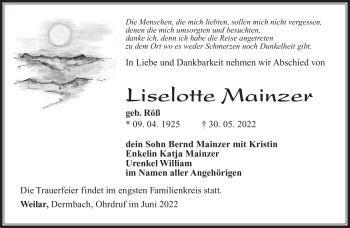 Traueranzeige von Liselotte Mainzer von Südthüringer Presse
