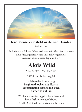 Traueranzeige von Alois Wild von Frankenpost