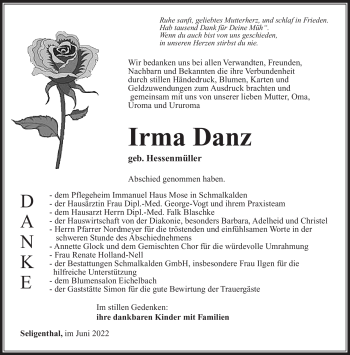 Traueranzeige von Irma Danz von Südthüringer Presse