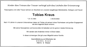 Traueranzeige von Tobias Kraus von Frankenpost