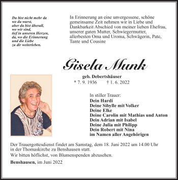 Traueranzeige von Gisela Munk von Südthüringer Presse