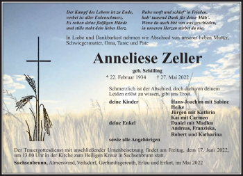 Traueranzeige von Anneliese Zeller von Südthüringer Presse