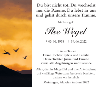 Traueranzeige von Ilse Wegel von Südthüringer Presse