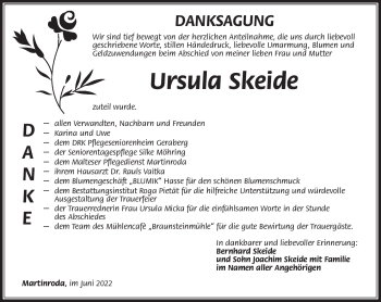 Traueranzeige von Ursula Skeide von Südthüringer Presse