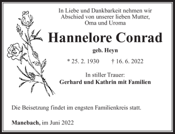 Traueranzeige von Hannelore Conrad von Südthüringer Presse