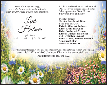 Traueranzeige von Leni Hübner von Südthüringer Presse