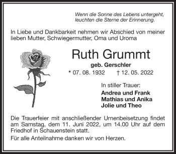 Traueranzeige von Ruth Grummt von Frankenpost