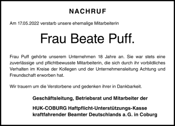 Traueranzeige von Beate Puff von Neue Presse Coburg