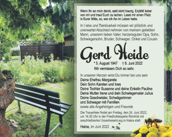 Traueranzeige von Gerd Heide von Südthüringer Presse