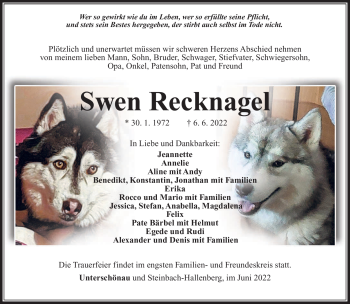 Traueranzeige von Swen Recknagel von Südthüringer Presse