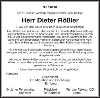 Traueranzeige von Dieter Rößler von Frankenpost