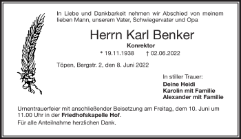 Traueranzeige von Karl Benker von Frankenpost