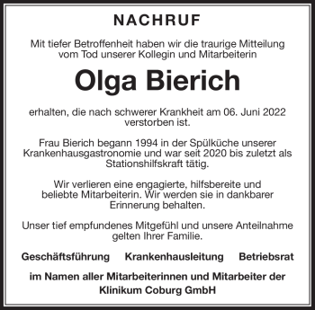 Traueranzeige von Olga Bierich von Neue Presse Coburg