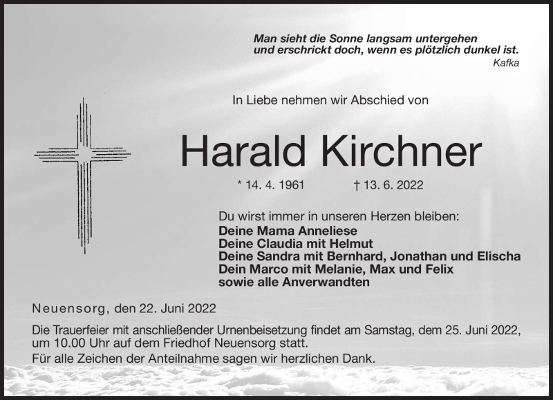  Traueranzeige für Harald Kirchner vom 22.06.2022 aus Neue Presse Coburg