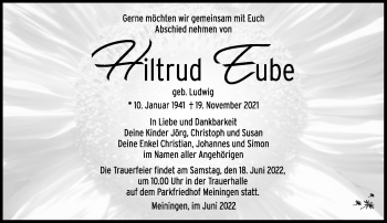 Traueranzeige von Hiltrud Eube von Südthüringer Presse