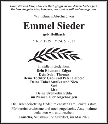 Traueranzeige von Emmel Sieder von Südthüringer Presse