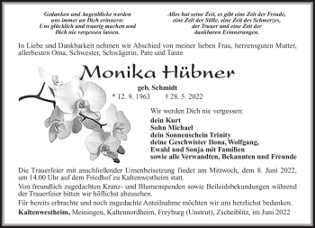 Traueranzeige von Monika Hübner von Südthüringer Presse