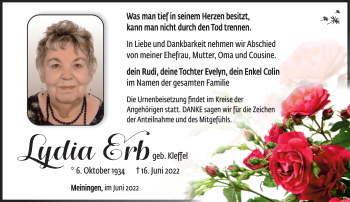 Traueranzeige von Lydia Erb von Südthüringer Presse