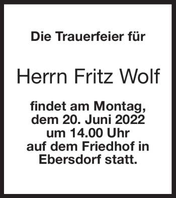 Traueranzeige von Fritz Wolf von Neue Presse Coburg