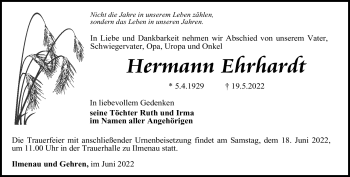 Traueranzeige von Hermann Ehrhardt von Südthüringer Presse
