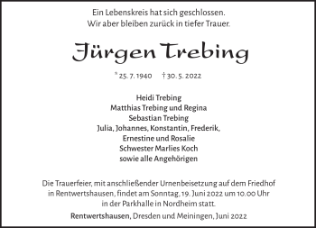 Traueranzeige von Jürgen Trebing von Südthüringer Presse