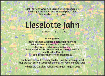 Traueranzeige von Lieselotte Jahn von Südthüringer Presse