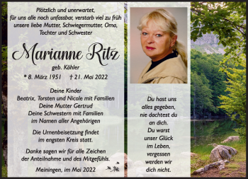 Traueranzeige von Marianne Ritz von Südthüringer Presse
