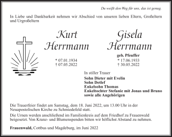 Traueranzeige von GiselaKurt HerrmannHerrmann von Südthüringer Presse