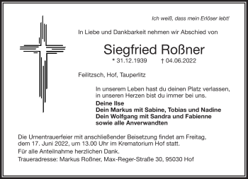 Traueranzeige von Siegfried Roßner von Frankenpost
