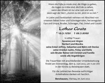 Traueranzeige von Lothar Gratz von Südthüringer Presse