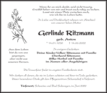 Traueranzeige von Gerlinde Ritzmann von Südthüringer Presse