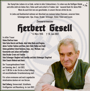 Traueranzeige von Herbert Gesell von Südthüringer Presse