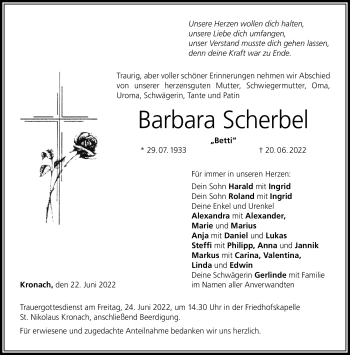Traueranzeige von Barbara Scherbel von Neue Presse Coburg