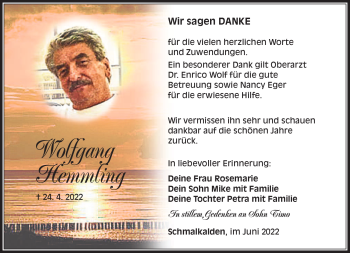 Traueranzeige von Wolfgang Hemmling von Südthüringer Presse