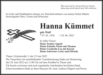 Traueranzeige von Hanna Kümmet von Neue Presse Coburg