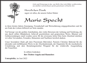 Traueranzeige von Marie Specht von Südthüringer Presse